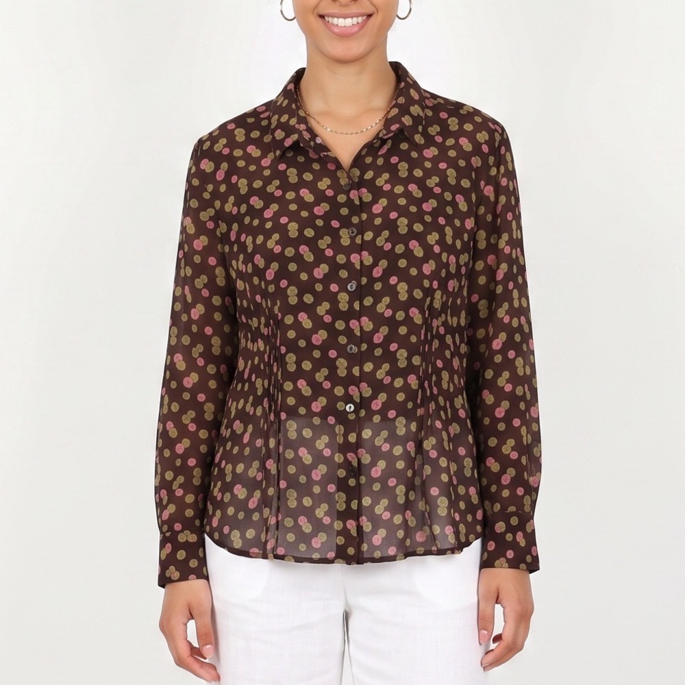 Style & Co Blouse Women Large Brown Geometric Dot Button-Down Excellent